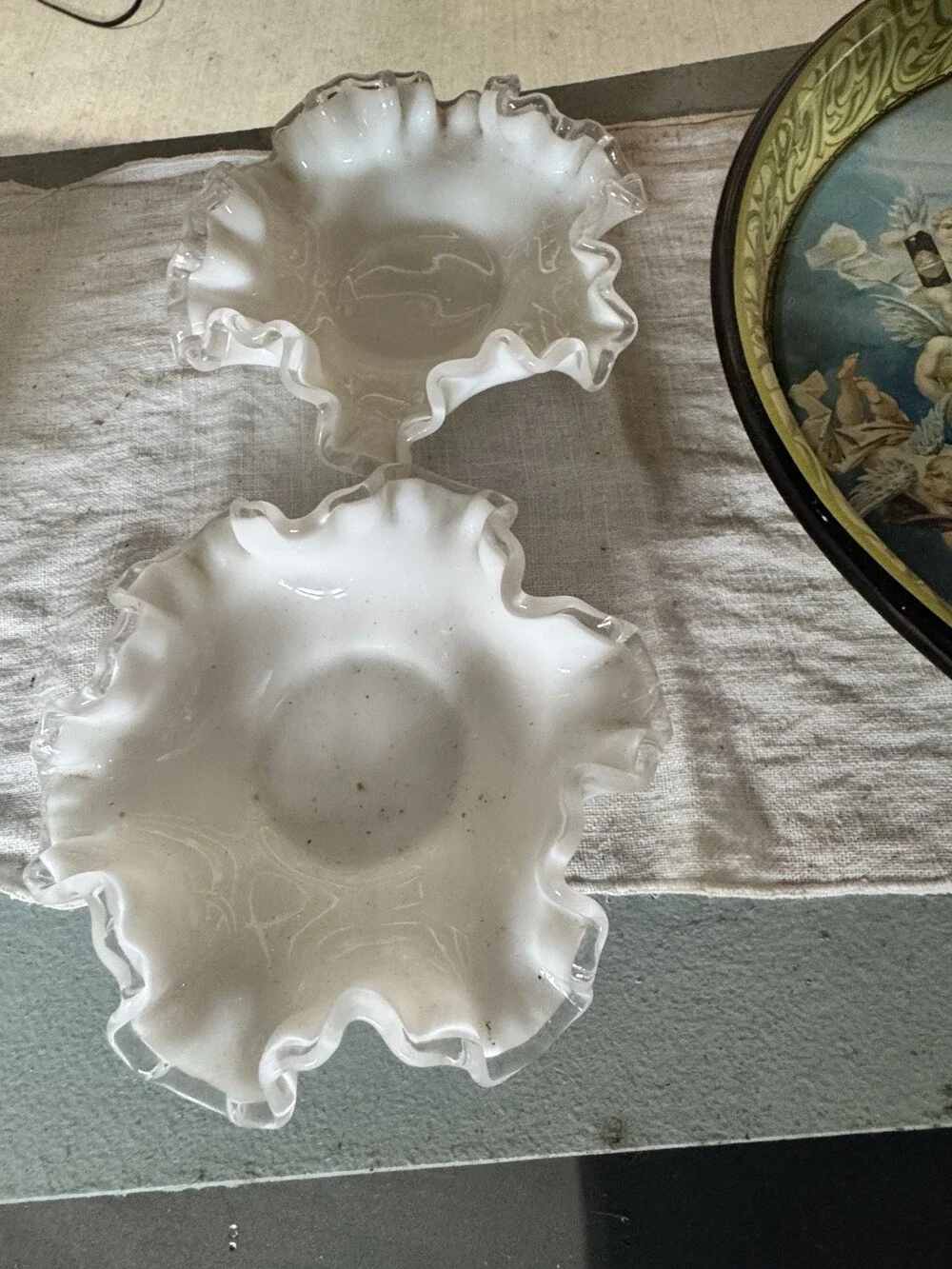 Vintage Fenton Silver Crest Milk Glass Ruffled Bowls Clear Edge Set of 2